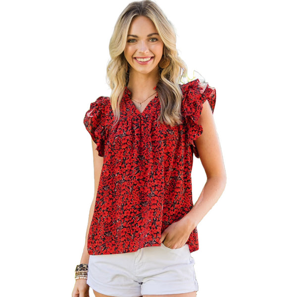 Women's Elegant Casual Floral V-Neck Ruffle Blouse Top for Summer-Red